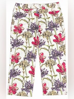LOFT White Floral Capris with Pink and Purple Flowers